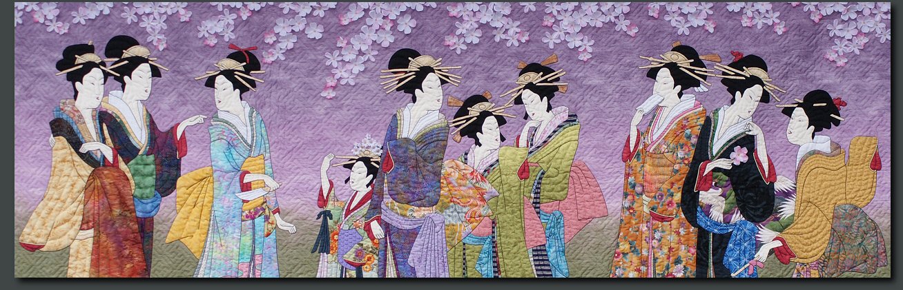 Sakura I: Hanaogi Views the Cherrry Blossoms - Japanese inspired quilts, quilt made by hand.